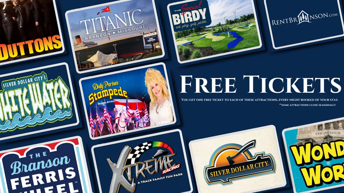 A bright, colorful display of attraction tickets and promotional graphics, showcasing the variety of entertainment options available nearby. The image conveys excitement and the promise of unique family experiences in Branson.